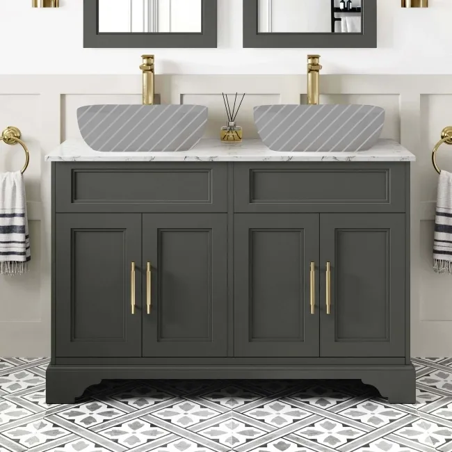 Lucia Graphite Grey Cabinet with Marble Top 1200mm (Excludes Counter Top Basins) - Brass Knurled Handles