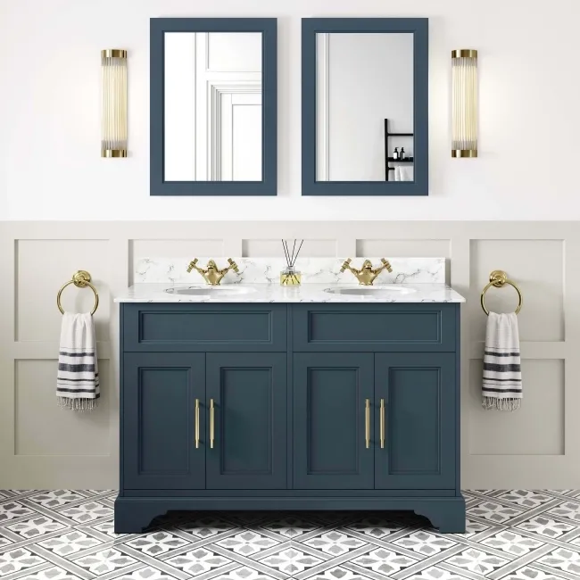 Lucia Inky Blue Double Vanity with Marble Top & Undermount Basins 1200mm - Brass Knurled Handles