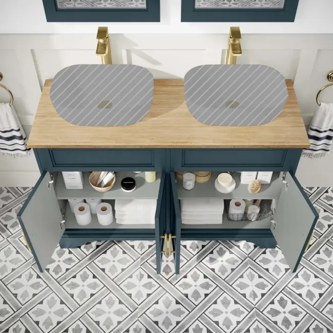 Lucia Inky Blue Cabinet with Oak Effect Top 1200mm (Excludes Counter Top Basins) - Brass Knurled Handles