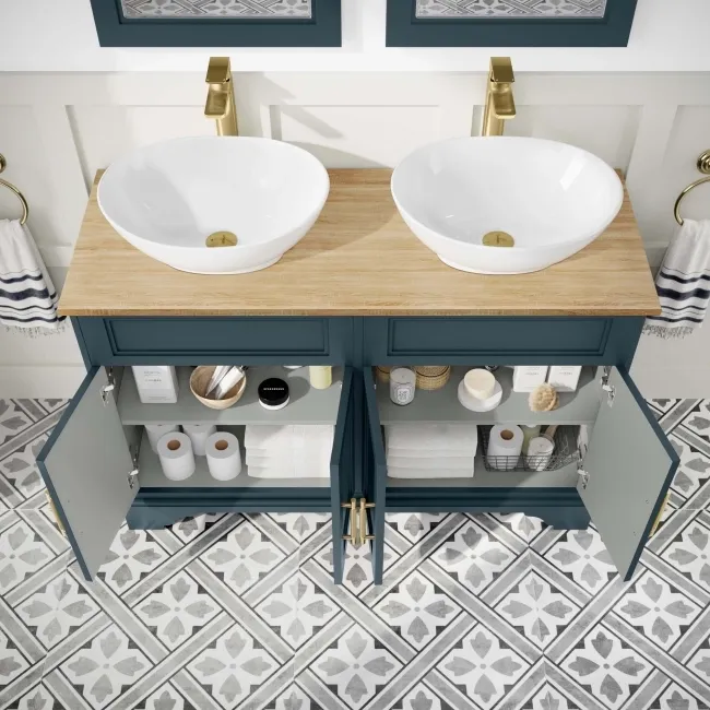 Lucia Inky Blue Double Vanity with Oak Effect Top & Oval Counter Top Basin 1200mm - Brass Knurled Handles