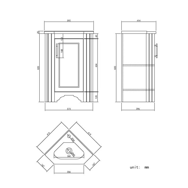Lucia Dove Grey Corner Basin Vanity 400mm - Brass Knurled Handle