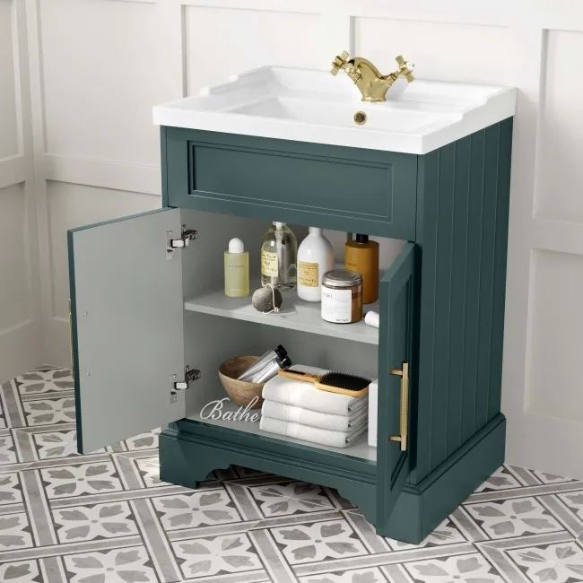 Lucia Midnight Green Basin Vanity 630mm - Brass Knurled Handles