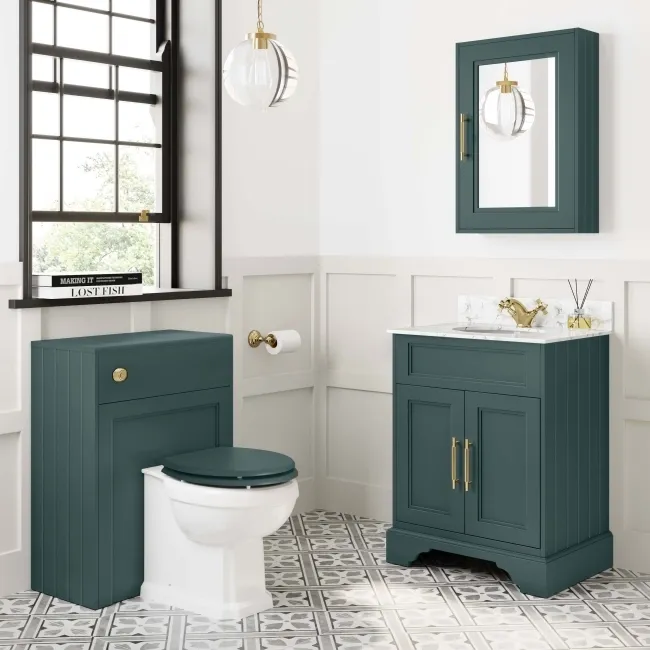 Lucia Midnight Green Vanity with Marble Top & Undermount Basin 630mm - Brass Knurled Handles
