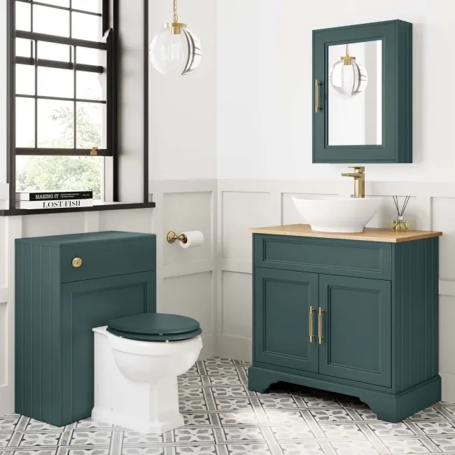 Lucia Midnight Green Vanity with Oak Effect Top & Oval Counter Top Basin 840mm - Brass Knurled Handles