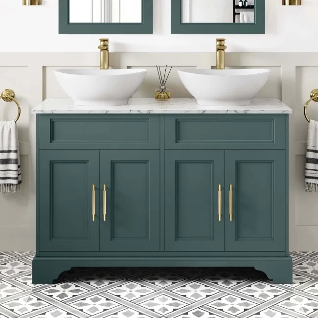 Lucia Midnight Green Double Vanity with Marble Top & Oval Counter Top Basin 1200mm - Brass Knurled Handles