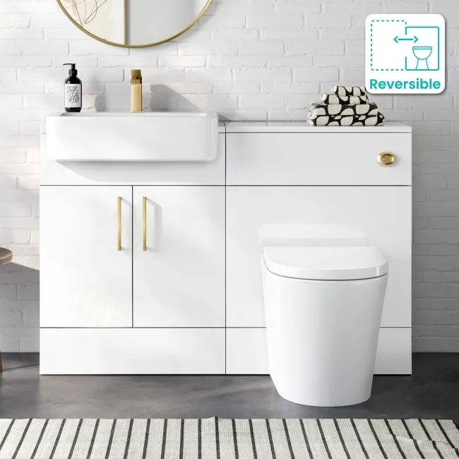 Harper Gloss White Combination Vanity Basin and Boston Toilet 1200mm - Brushed Brass Accents