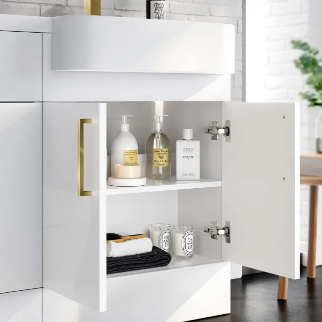 Harper Gloss White Basin Vanity and Back To Wall Toilet Unit 1200mm (Excludes Toilet)- Brushed Brass Accents - Right Handed