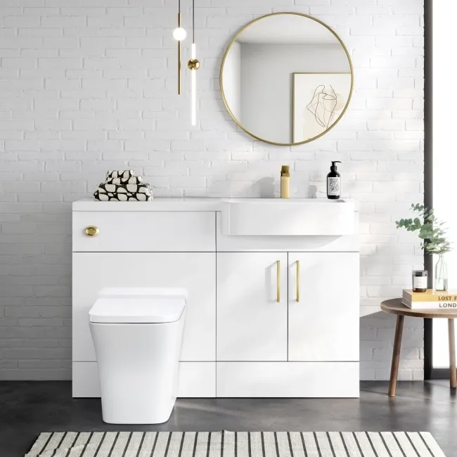 Harper Gloss White Combination Vanity Basin and Houston Toilet 1200mm - Brushed Brass Accents - Right Handed