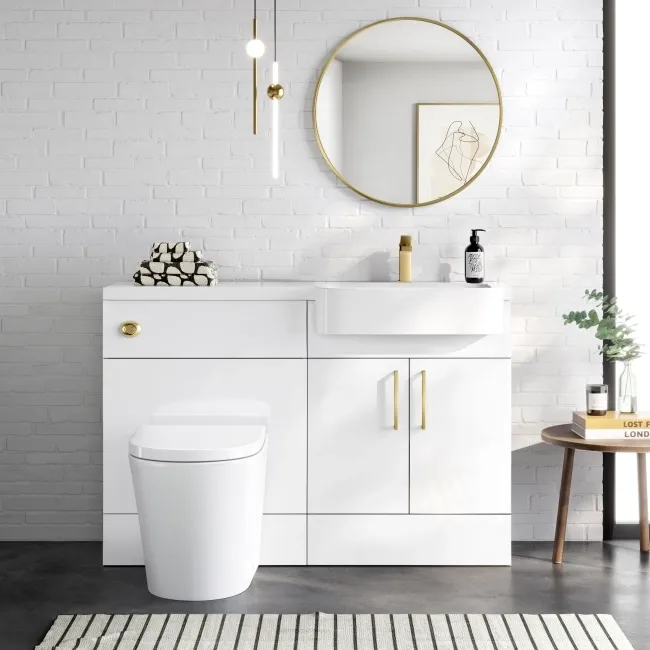 Harper Gloss White Combination Vanity Basin and Boston Toilet 1200mm - Brushed Brass Accents - Right Handed