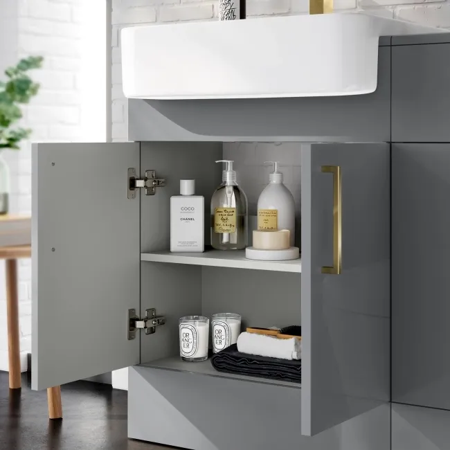 Harper Stone Grey Vanity with Semi Recessed Basin 600mm -Brushed Brass Accents