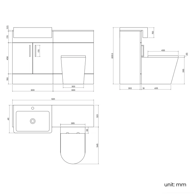 Harper Stone Grey Combination Vanity Basin with Marble Top & Boston Toilet 1200mm - Brushed Brass Accents