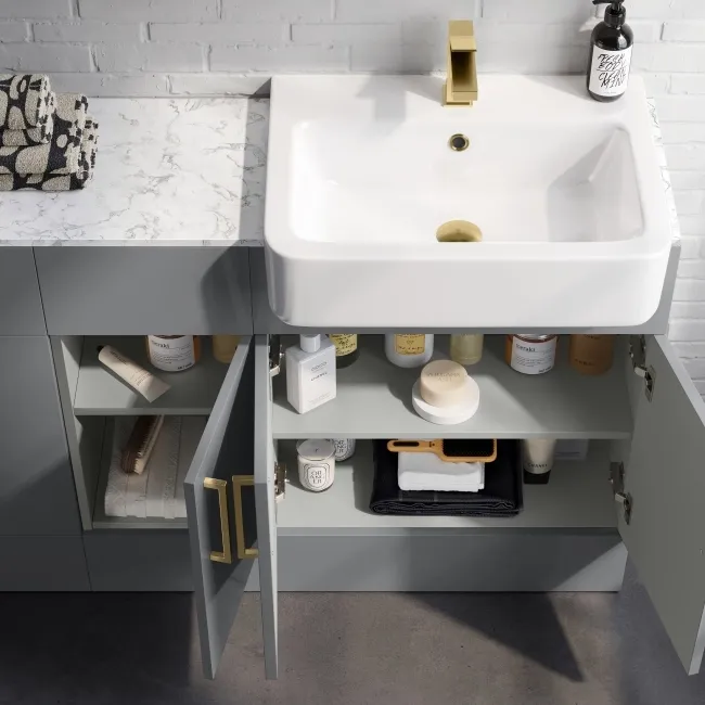 Harper Stone Grey Combination Vanity Basin with Marble Top & Houston Toilet 1500mm - Brushed Brass Accents