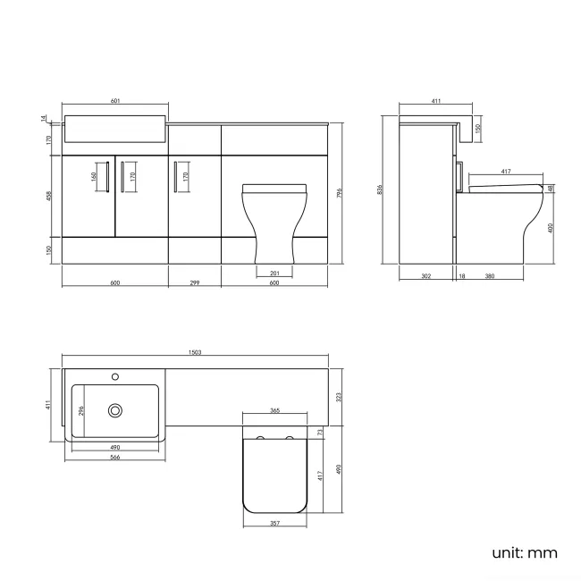 Harper Stone Grey Combination Vanity Basin with Marble Top & Houston Toilet 1500mm - Brushed Brass Accents