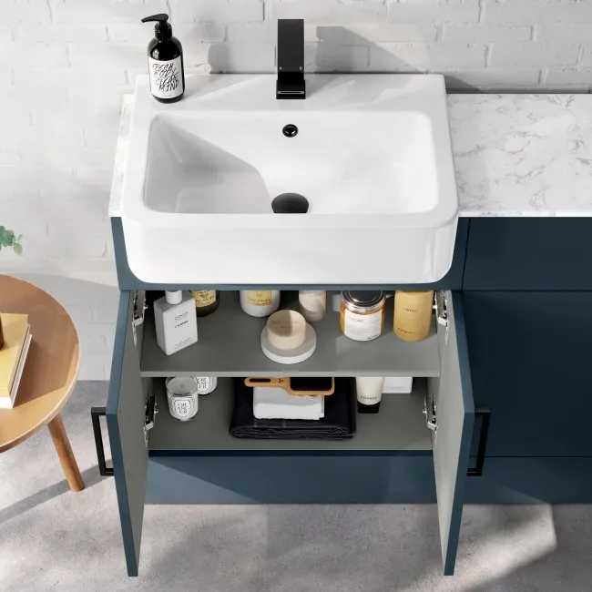 Harper Navy Blue Basin Vanity with Marble Top & Back To Wall Unit 1200mm (Excludes Toilet) - Black Accents