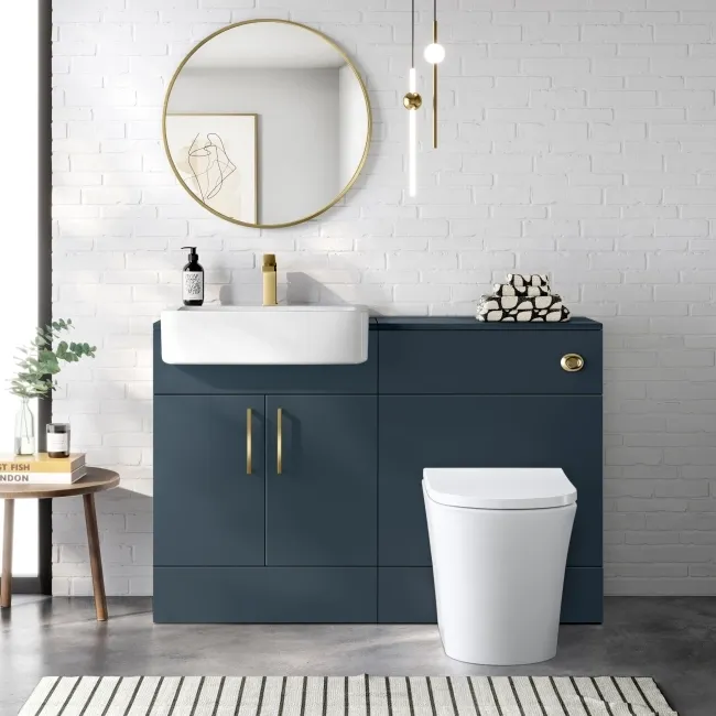 Harper Navy Blue Combination Vanity Basin and Tucson Toilet 1200mm - Brushed Brass Accents