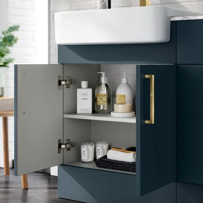 Harper Navy Blue Combination Vanity Basin with Marble Top & Houston Toilet 1200mm - Brushed Brass Accents