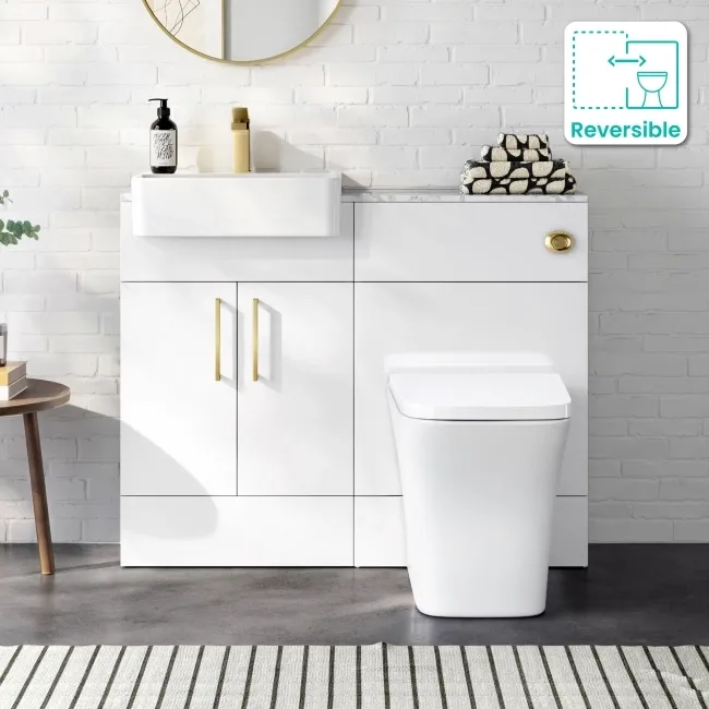 Harper Gloss White Combination Vanity Basin with Marble Top & Houston Toilet 1000mm - Brushed Brass Accents