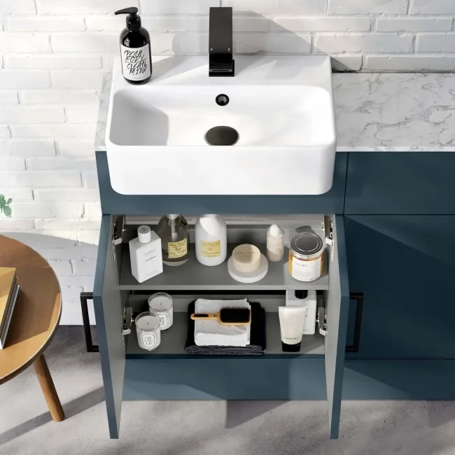 Harper Navy Blue Basin Vanity with Marble Top & Back To Wall Unit 1000mm (Excludes Toilet) - Black Accents