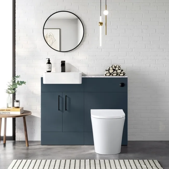 Harper Navy Blue Combination Vanity Basin with Marble Top & Tucson Toilet 1000mm - Black Accents