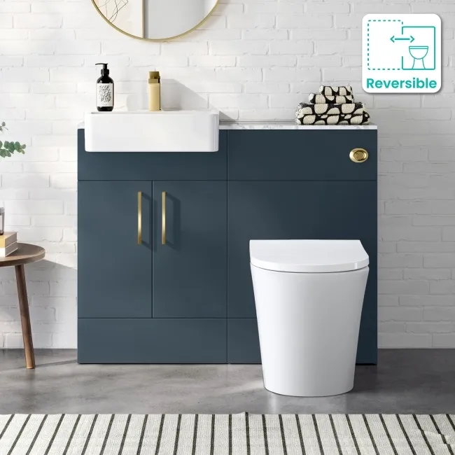 Harper Navy Blue Combination Vanity Basin with Marble Top & Tucson Toilet 1000mm - Brushed Brass Accents