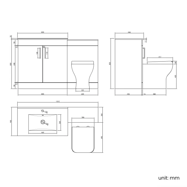 Mersey Gloss White Combination Vanity Basin and Houston Toilet 1300mm - Black Accents