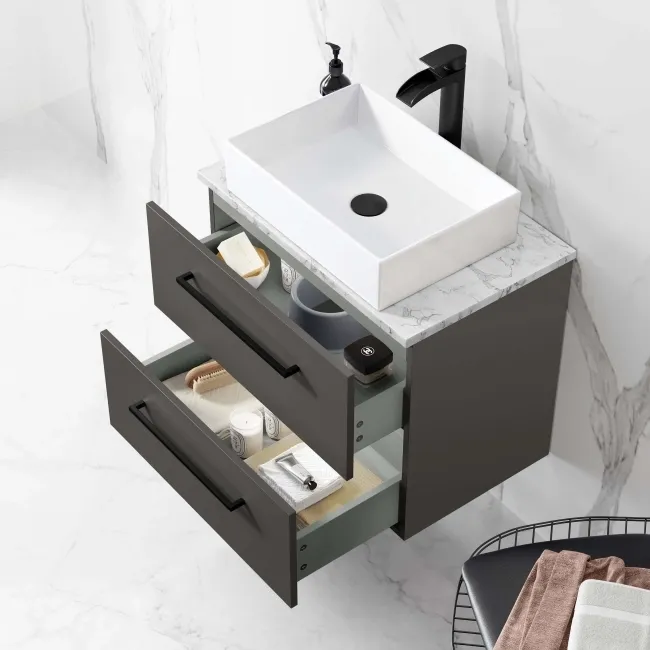 Elba Graphite Grey Wall Hung Drawer Vanity with Marble Top & Cody Basin 600mm - Black Accents