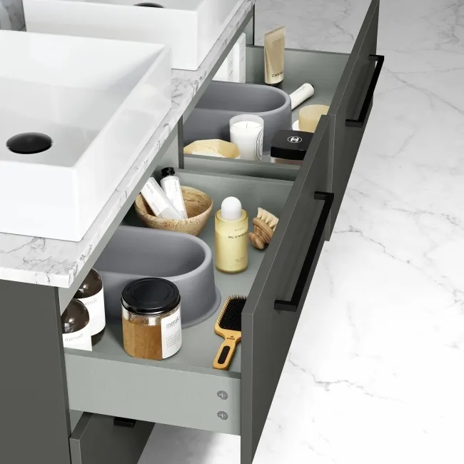 Elba Graphite Grey Double Wall Hung Drawer Vanity with Marble Top & Cody Basin 1200mm - Black Accents