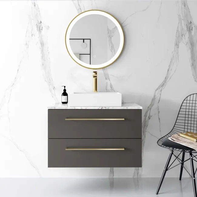 Elba Graphite Grey Wall Hung Drawer Vanity with Marble Top & Cody Basin 800mm - Brushed Brass Accents