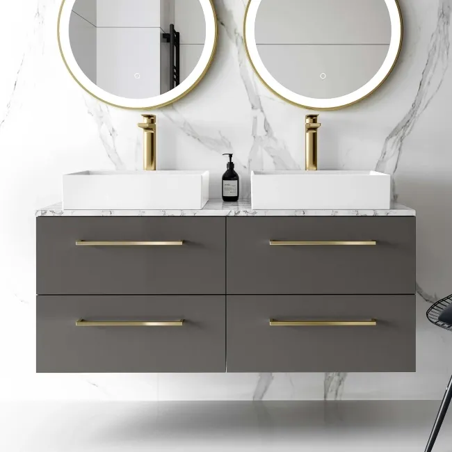 Elba Graphite Grey Double Wall Hung Drawer Vanity with Marble Top & Cody Basin 1200mm - Brushed Brass Accents