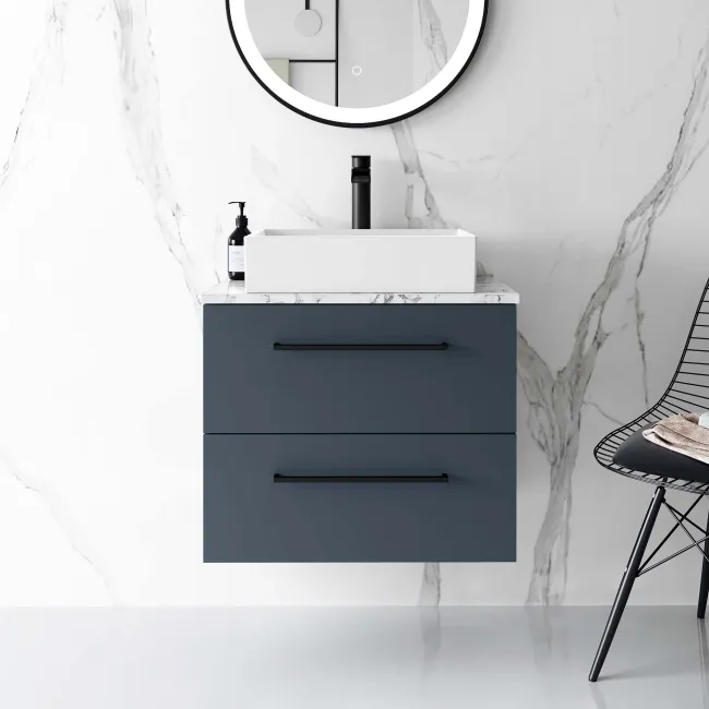 Elba Inky Blue Wall Hung Drawer Vanity with Marble Top & Cody Basin 600mm - Black Accents