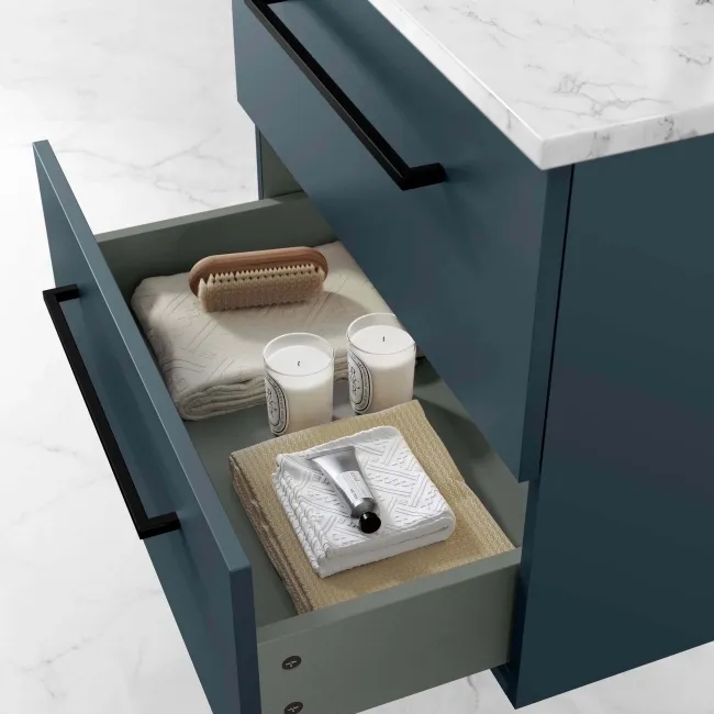 Elba Inky Blue Wall Hung Drawer Vanity with Marble Top & Cody Basin 600mm - Black Accents