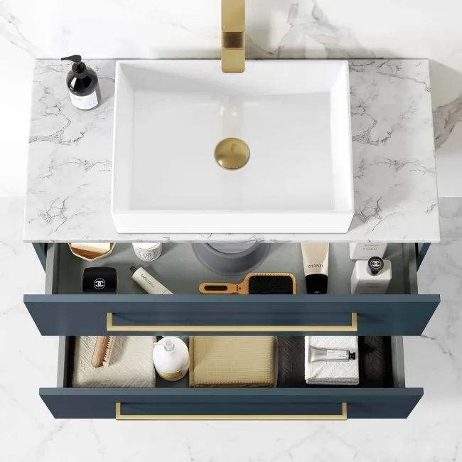 Elba Inky Blue Wall Hung Drawer Vanity with Marble Top & Cody Basin 800mm - Brushed Brass Accents