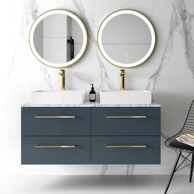 Elba Inky Blue Double Wall Hung Drawer Vanity with Marble Top & Cody Basin 1200mm - Brushed Brass Accents