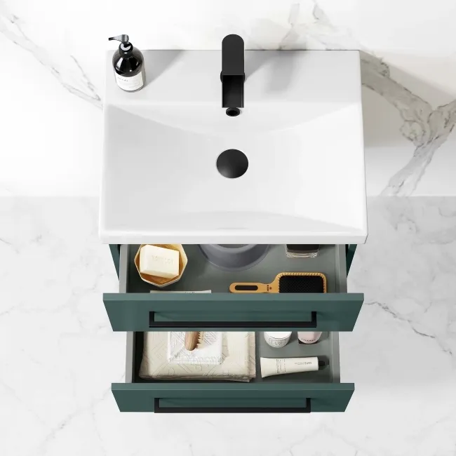 Elba Midnight Green Wall Hung Basin Drawer Vanity 500mm - Black Accents