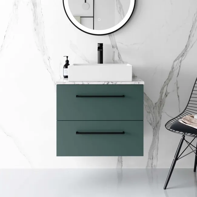 Elba Midnight Green Wall Hung Drawer Vanity with Marble Top & Cody Basin 600mm - Black Accents