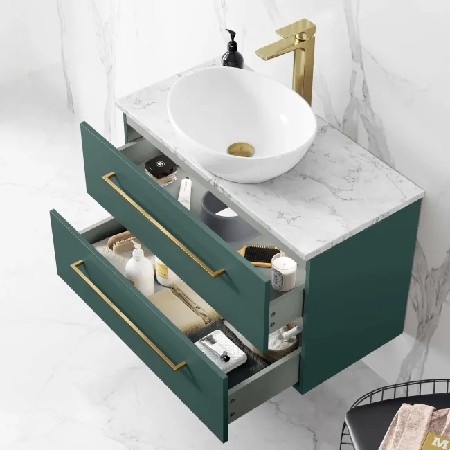 Elba Midnight Green Wall Hung Drawer Vanity with Marble Top & Oval Counter Top Basin 800mm - Brushed Brass Accents