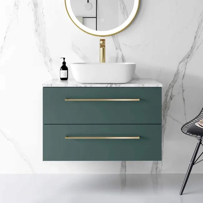 Elba Midnight Green Wall Hung Drawer Vanity with Marble Top & Curved Counter Top Basin 800mm - Brushed Brass Accents