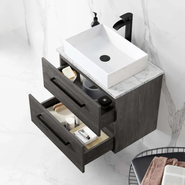 Elba Charcoal Elm Wall Hung Drawer Vanity with Marble Top & Cody Basin 600mm - Black Accents