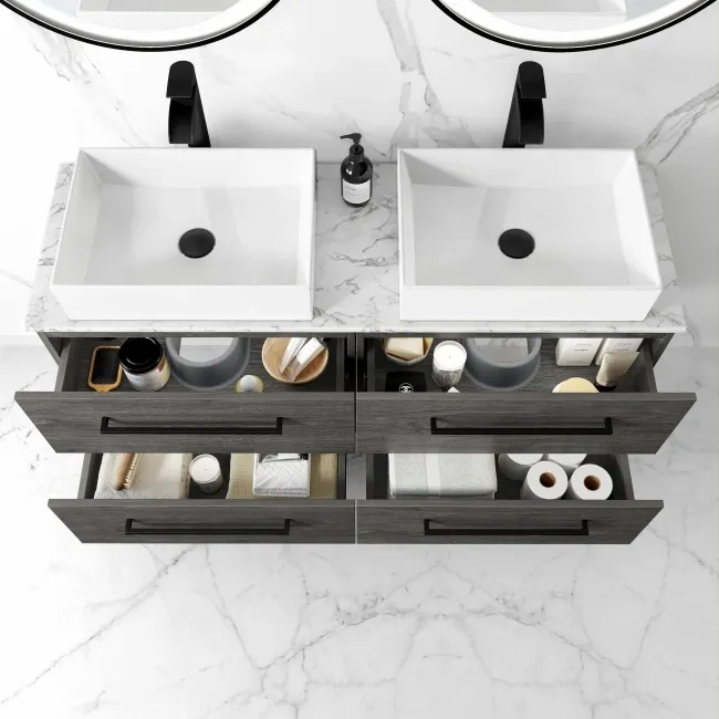 Elba Charcoal Elm Double Wall Hung Drawer Vanity with Marble Top & Cody Basin 1200mm - Black Accents