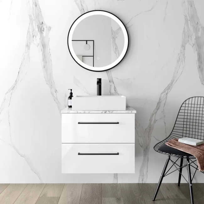 Elba Gloss White Wall Hung Drawer Vanity with Marble Top & Cody Basin 600mm - Black Accents