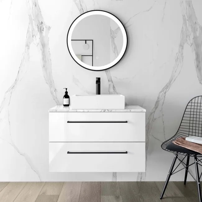 Elba Gloss White Wall Hung Drawer Vanity with Marble Top & Cody Basin 800mm - Black Accents