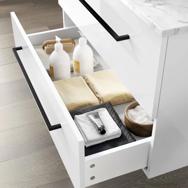 Elba Gloss White Wall Hung Drawer Vanity with Marble Top & Cody Basin 800mm - Black Accents