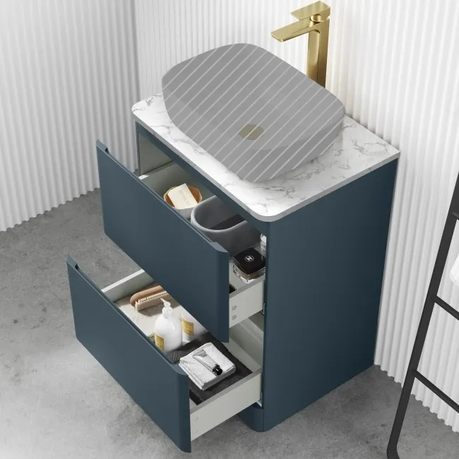 Corsica Inky Blue Drawer Vanity with Marble Top 600mm - Excludes Counter Top Basin
