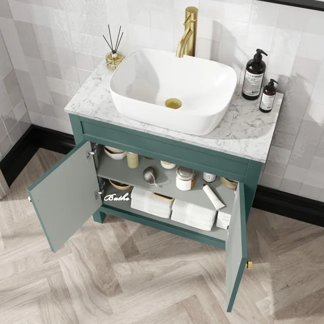 Bermuda Midnight Green Vanity with Marble Top & Curved Counter Top Basin 800mm - Brushed Brass Accents