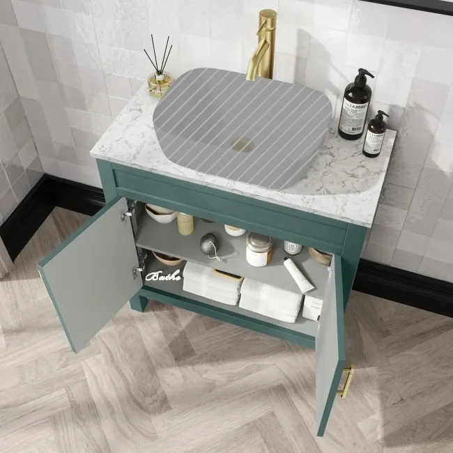 Bermuda Midnight Green Cabinet with Marble Top 800mm (Excludes Counter Top Basin) - Brass Knurled Handles
