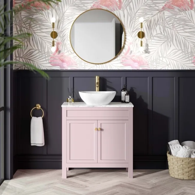 Bermuda Cashmere Pink Vanity with Marble Top & Oval Counter Top Basin 800mm - Brushed Brass Accents