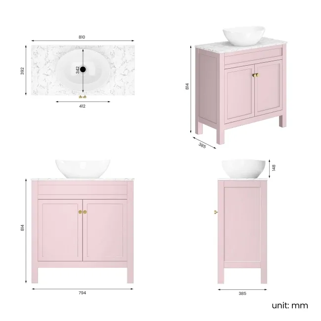 Bermuda Cashmere Pink Vanity with Marble Top & Oval Counter Top Basin 800mm - Brushed Brass Accents