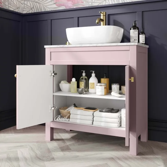 Bermuda Cashmere Pink Vanity with Marble Top & Curved Counter Top Basin 800mm - Brushed Brass Accents
