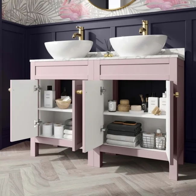 Bermuda Cashmere Pink Vanity with Marble Top & Oval Counter Top Basin 1200mm - Brushed Brass Accents
