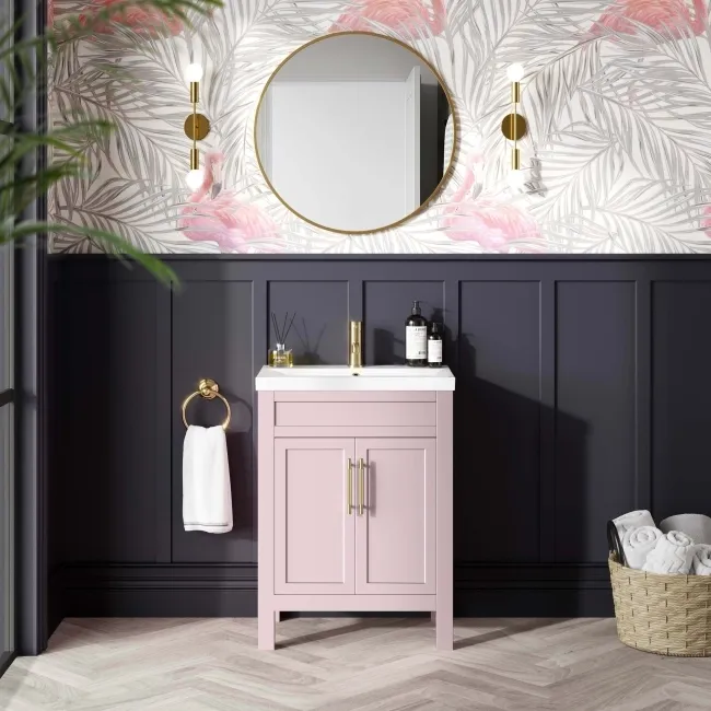 Bermuda Cashmere Pink Basin Vanity 600mm - Brass Knurled Handles